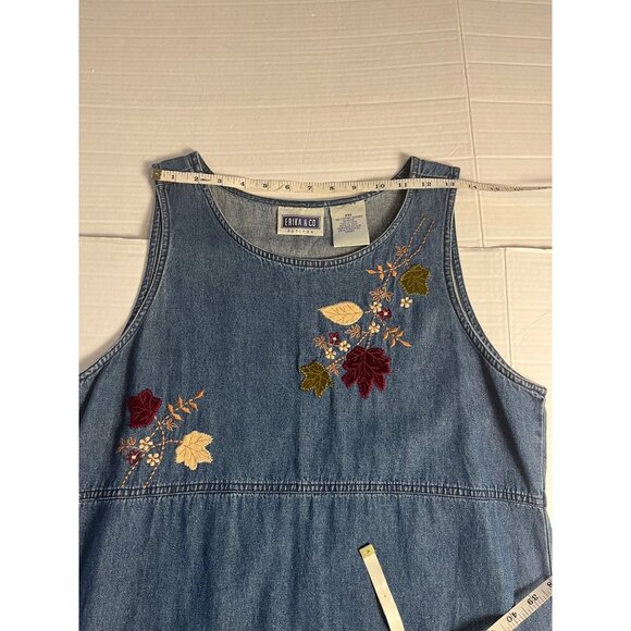 Vintage Denim Floral Embroidered Sleeveless maxi/midi  Dress Erika & Co PM - Picture 8 of 11